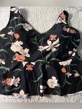 NWT Shade & Shore Black Floral Peplum Tankini Top Size Large